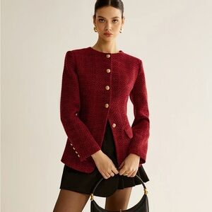 Burgundy Button Down Slit Tweed Blazer with Gold Buttons